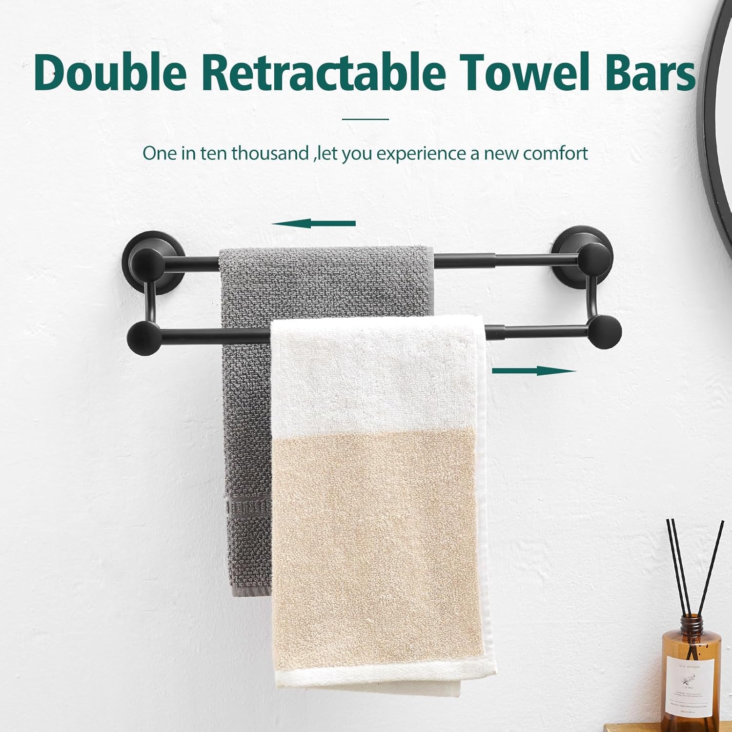 Hoimpro Adjustable Retractable 15-27 Inches Stainless Steel Bathroom Towel Bar, Bathroom Accessories Bath Hotel Double Towel Bar Rod Hanger Wall Mounted Towel Holder Towel Rack, Matte Black